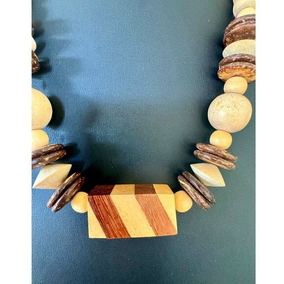 Vintage Wood Statement Beaded Necklace, Unmarked - Picture 2 of 4